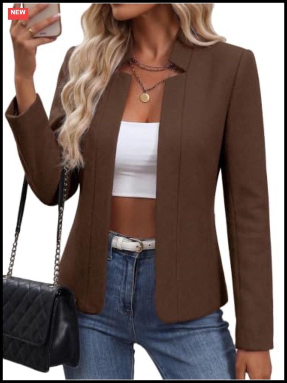 Women's Open Front Tweed Blazer Plaid Fitted Jacket Wool Blend Business Casual